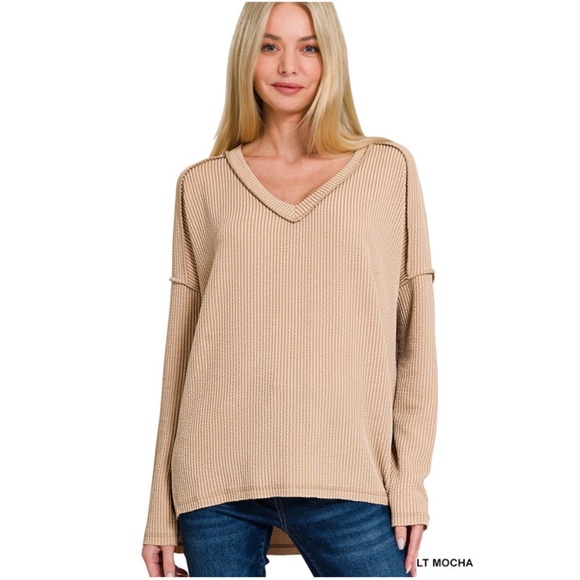 Zenana Solid Ribbed Knit V neck Reverse Stitch Long Sleeve Top - Picture 3 of 5